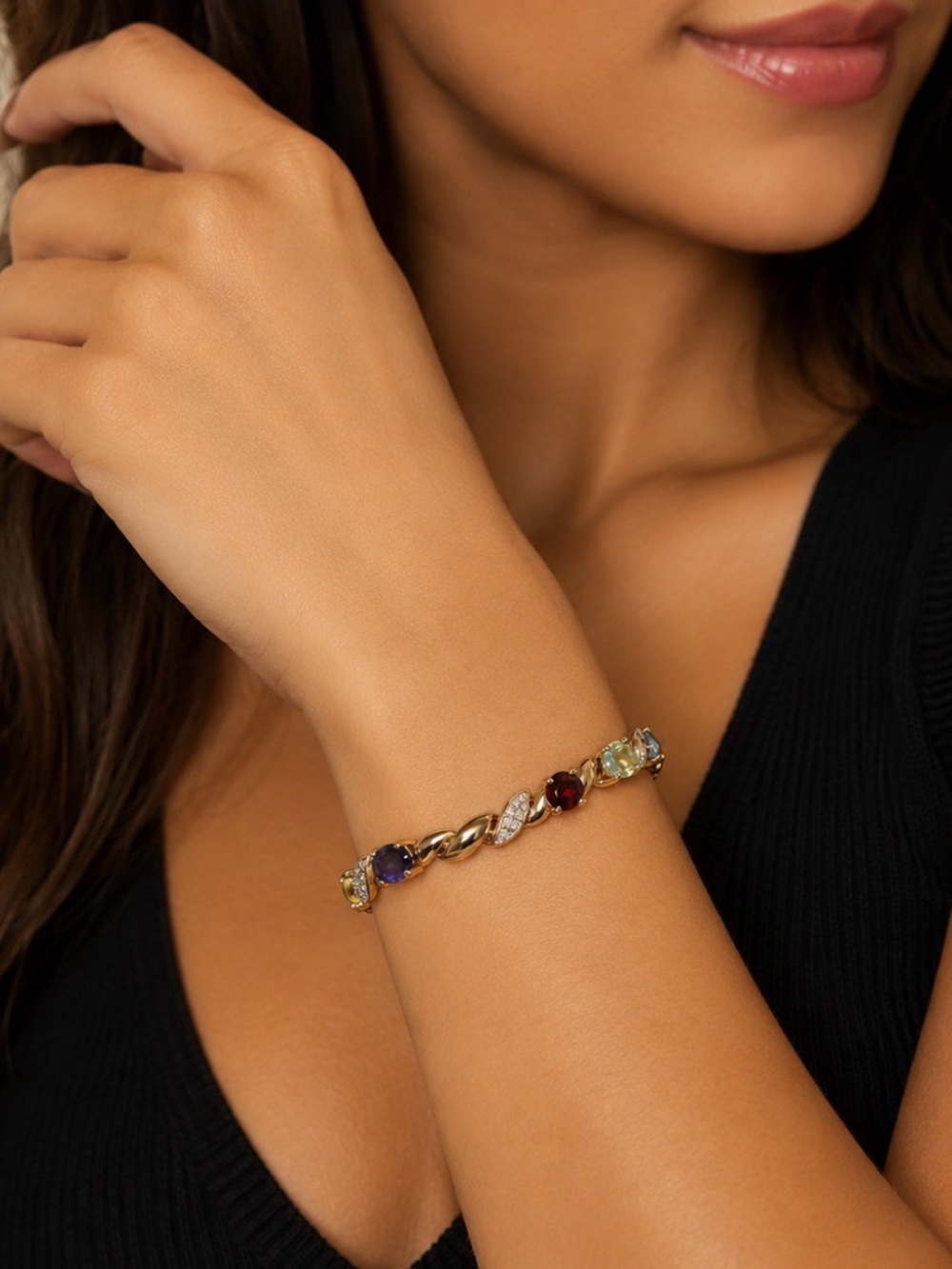 7.5” 925 Gold Vintage Multicolor Gemstone Bracelet - Women Jewelry